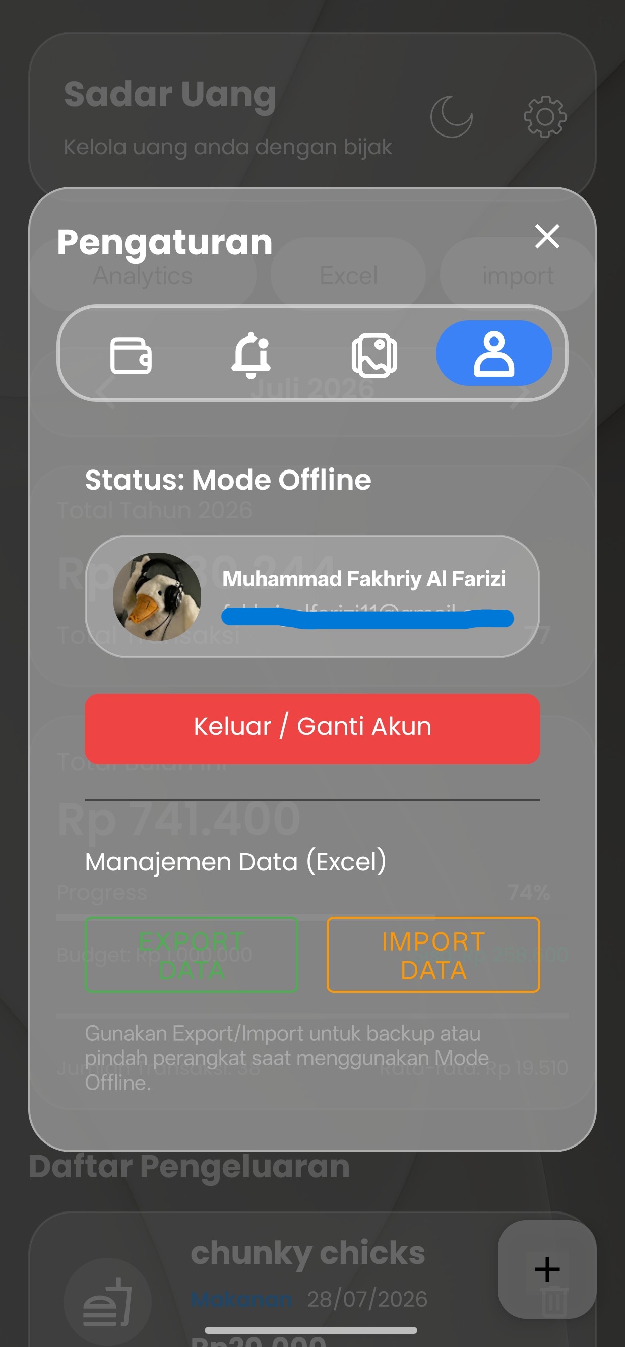 Sadar Uang - Account Setting