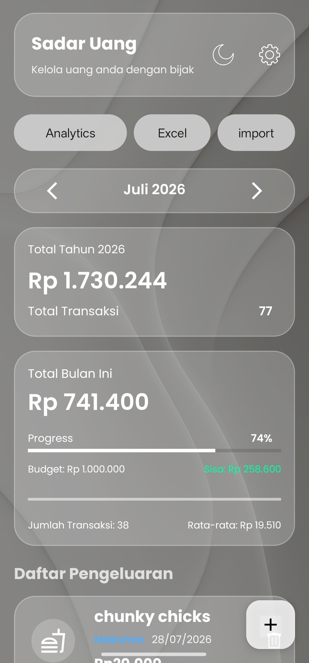 Sadar Uang - Dashboard